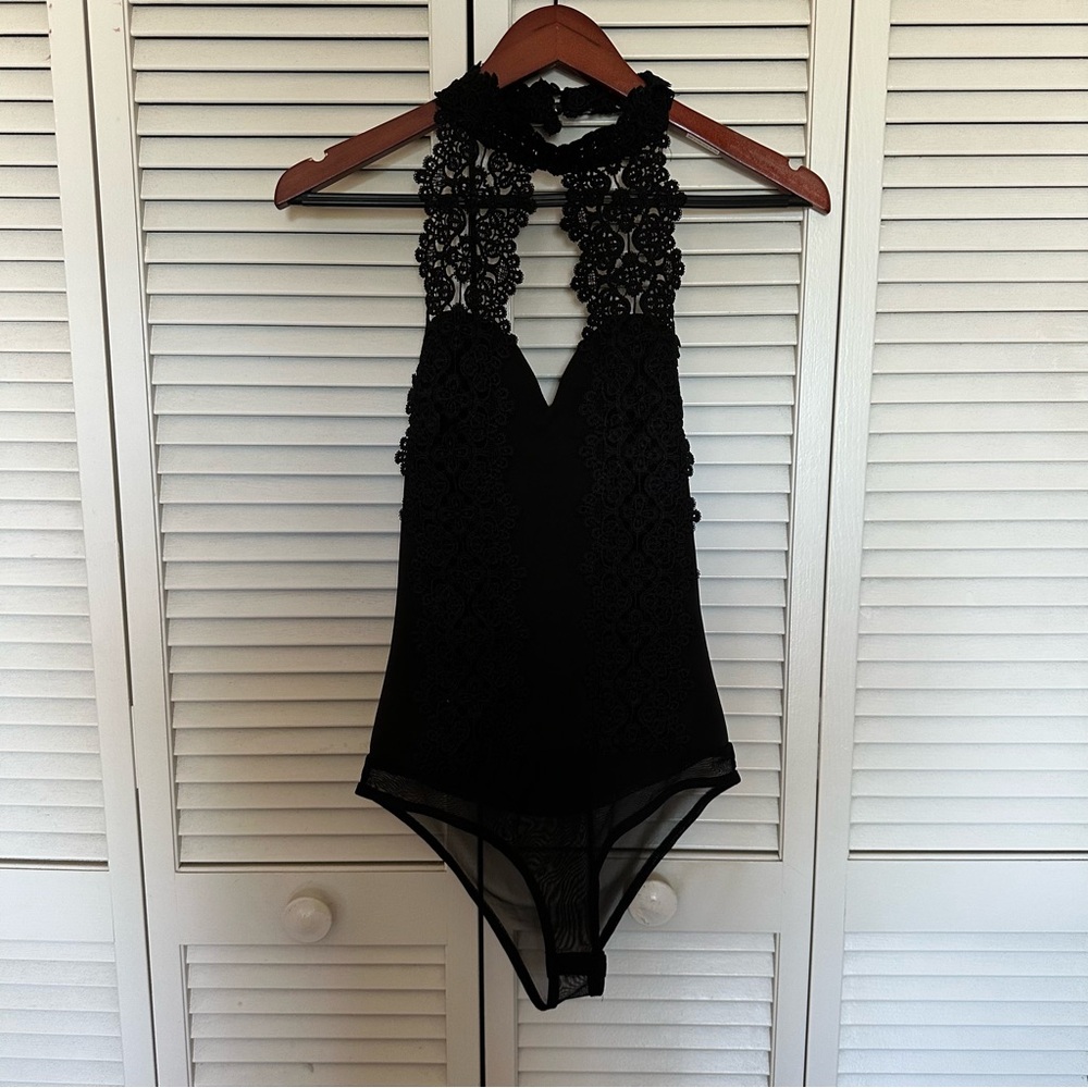 Black Lace Halter Bodysuit - Women Tops